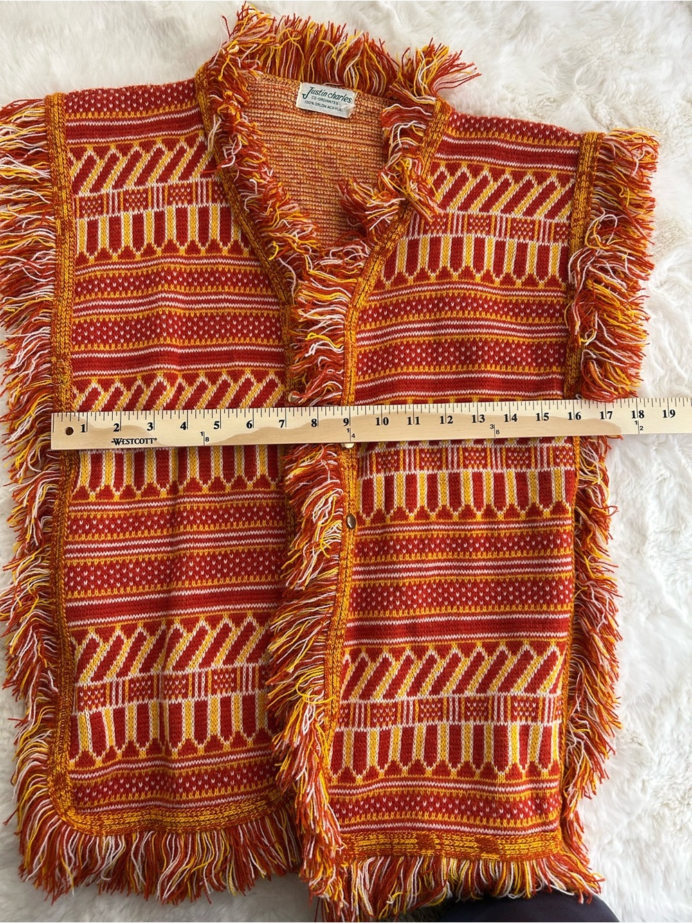 Vtg 70s Justin Charles Boho Fringe Geometric Knit Sweater Vest Orlon AcrylicXS/S - Picture 6 of 7